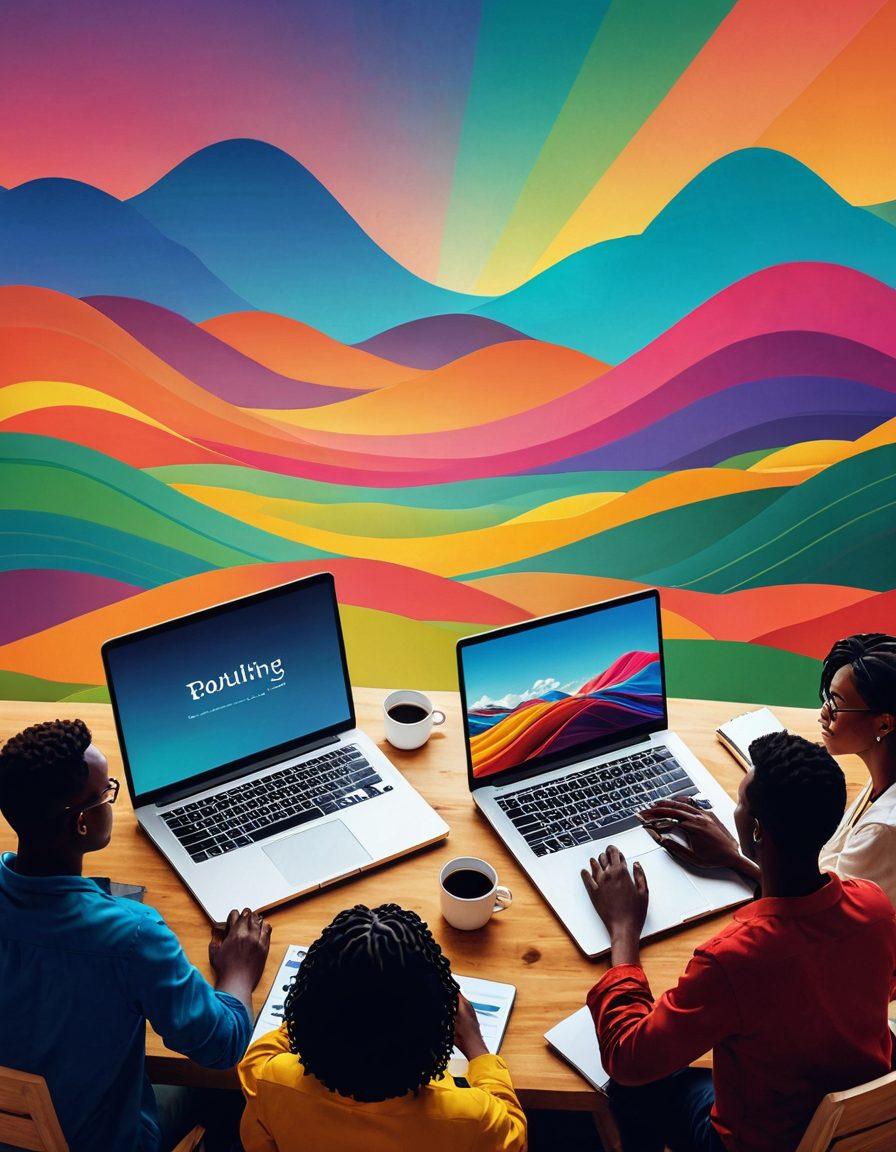An open laptop surrounded by vibrant sound waves emanating from it, symbolizing creativity and expression in blogging. Include a group of diverse individuals collaboratively discussing ideas, representing the Cowlis community. The background should be a blend of digital tools and a beautiful, inspiring landscape. Emphasize a sense of empowerment and collaboration. super-realistic. vibrant colors. 3D.