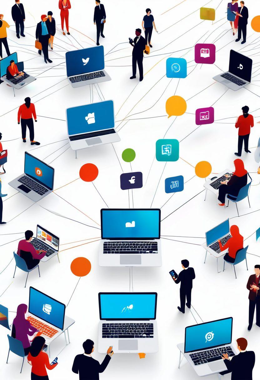 A vibrant digital landscape depicting diverse people engaging in an online community through laptops and smartphones, surrounded by icons of content marketing like blogs, social media, and growth metrics. Include flowing lines representing connectivity and collaboration, with a bright, inviting color palette that inspires creativity and interaction. super-realistic. vibrant colors. white background.