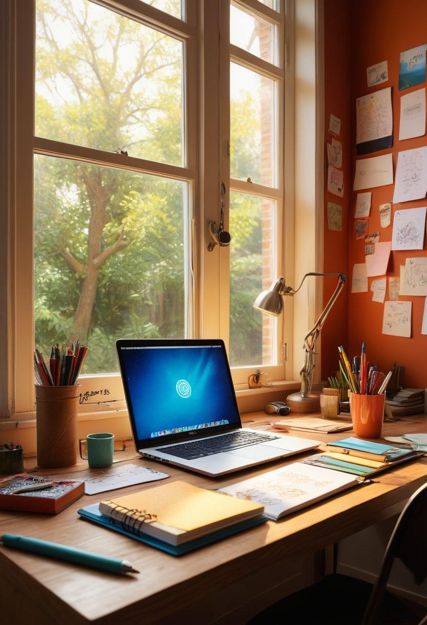A creative workspace filled with colorful notebooks and various writing tools, a laptop displaying the Cowlis Tools logo, and an inspiring backdrop of doodles and mind maps hanging on the walls. Soft morning light streams through a window, highlighting coffee cups and brainstorming materials on the desk. The atmosphere is inviting and energetic, representing the journey from ideas to well-crafted articles. vibrant colors. super-realistic.